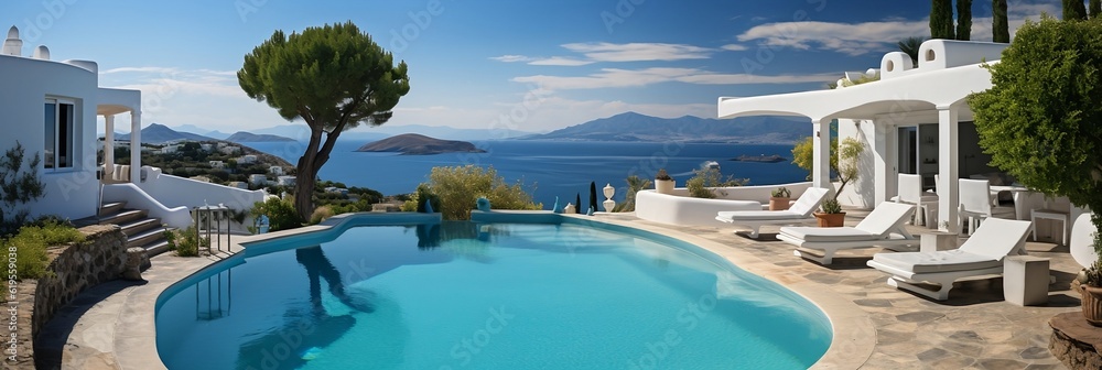 Traditional mediterranean white house with pool on hill with stunning sea view. Summer vacation background.