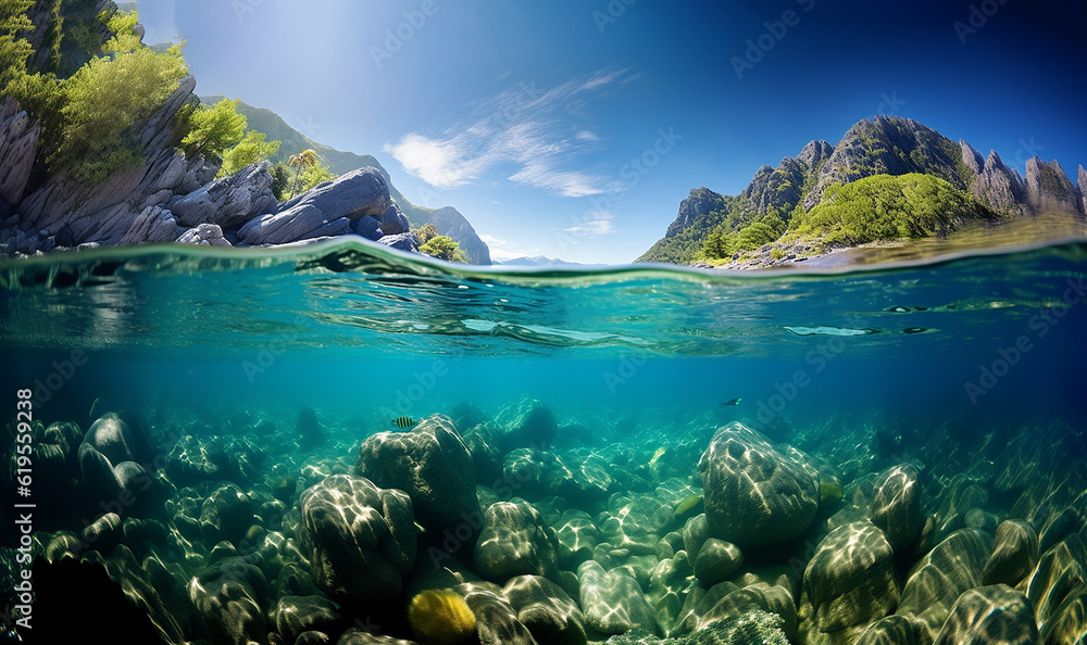 Tropcial blue ocean water,Blue sea or ocean water surface and underwater with sunny and blue sky on tropical location. beautiful travel resort Island background AI generative Tropcial blue ocean water,Blue sea or ocean water surface and underwater with sunny and blue sky on tropical location. beautiful travel resort Island background AI generative