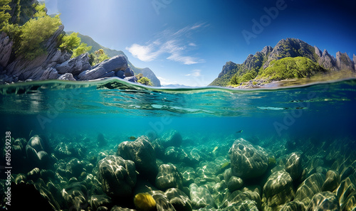 Tropcial blue ocean water,Blue sea or ocean water surface and underwater with sunny and blue sky on tropical location. beautiful travel resort Island background AI generative