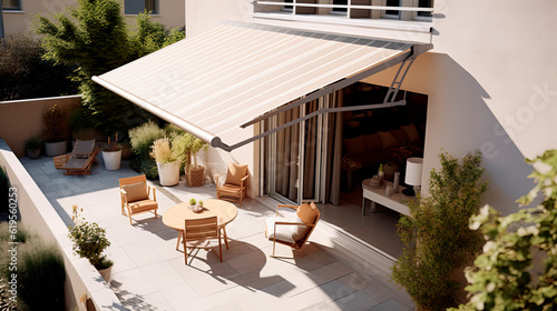 Tableau sur toile Summer terrace under a canopy of a modern house.