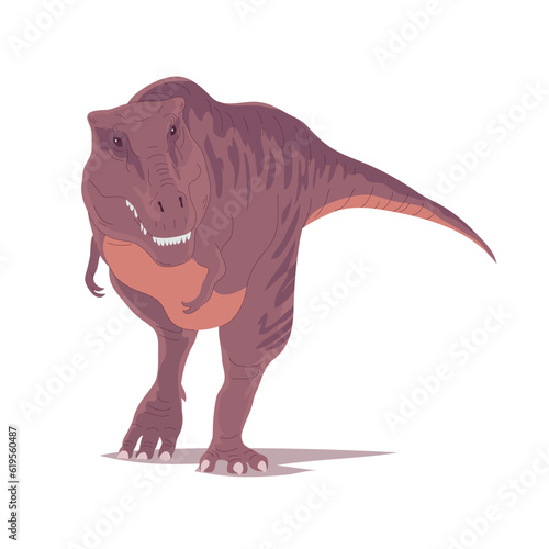 Tyrannosaurus hunting dinosaur. Predatory t rex of the Jurassic period. Carnivorous lizard. Prehistoric strong dino hunter. Wild landscape. Cartoon vector illustration isolated on white background