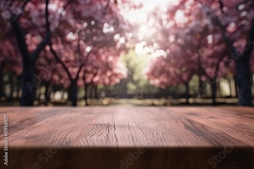 Empty wooden table and blurred cherry blossom background. For product presentation  advertising.