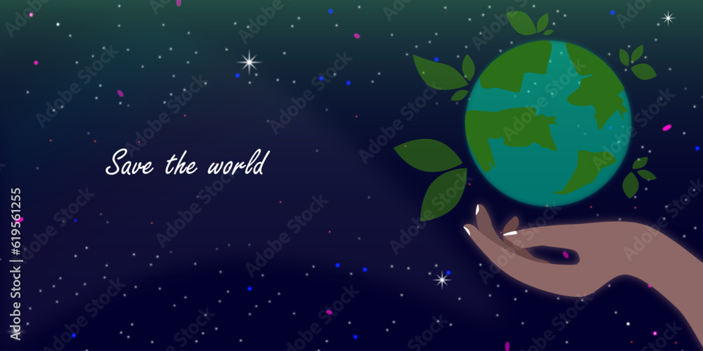 Save the world or earth day concept. The world on the hand with green leaf around the earth in deep blue galaxy. safe nature Save the world or earth day concept. The world on the hand with green leaf around the earth in deep blue galaxy. safe nature