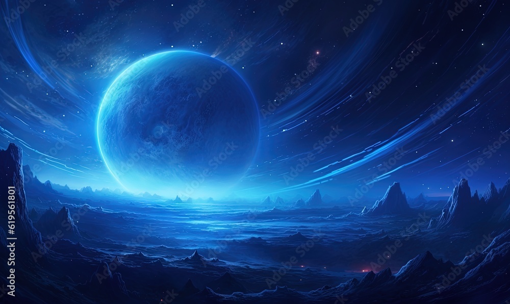  a painting of a blue planet in the middle of the night.  generative ai