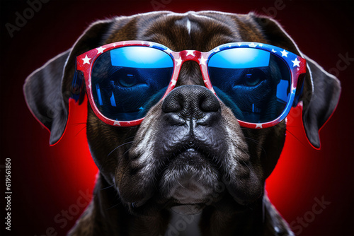 Adorable dog wearing patriotic American flag sunglasses - Pet portrait