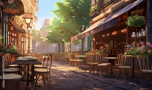 a painting of a city street with tables and chairs on the sidewalk.  generative ai