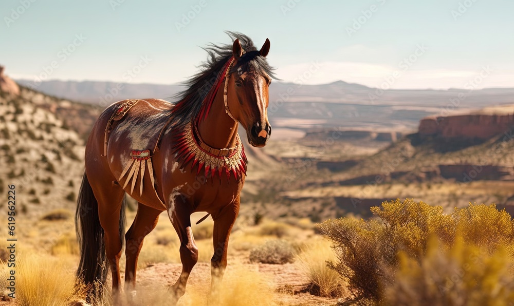 Obraz premium a brown horse with a saddle standing in a desert landscape. generative ai