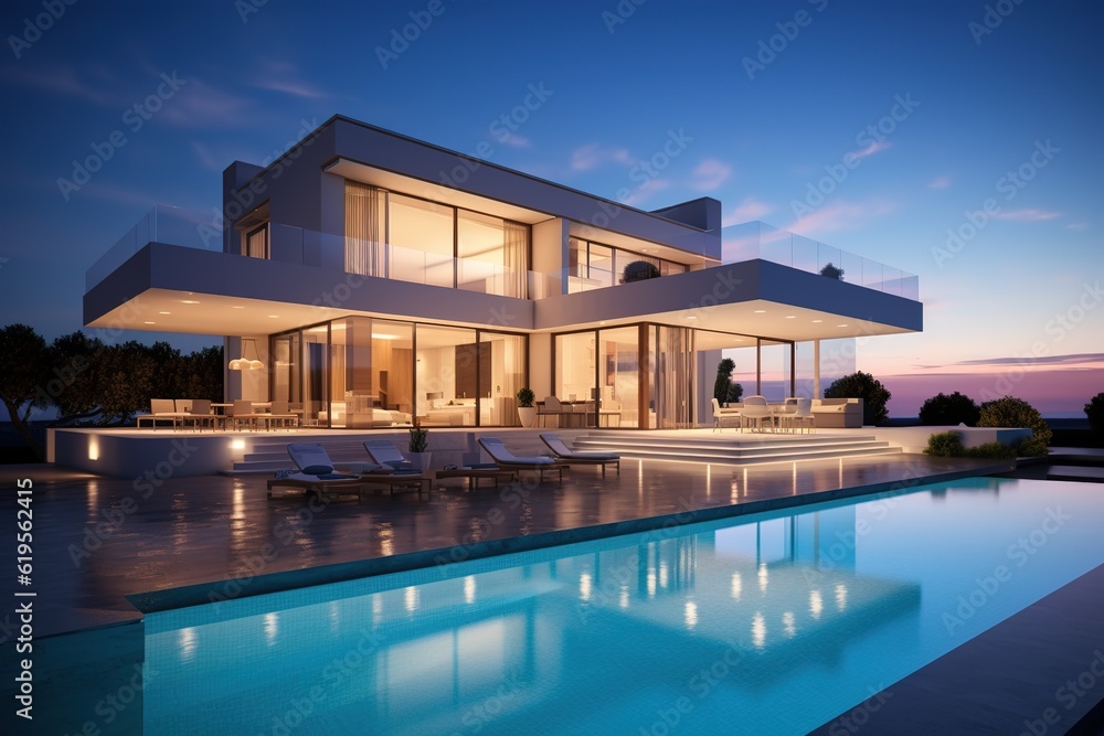 modern house with a large, clear swimming pool at sunset