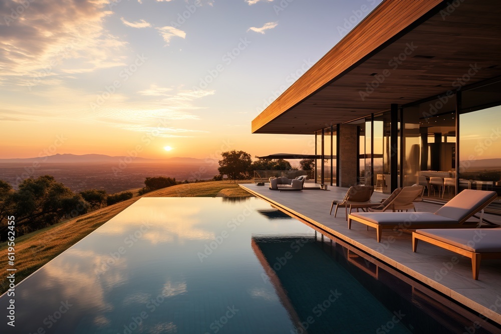 modern house with a large, clear swimming pool at sunrise