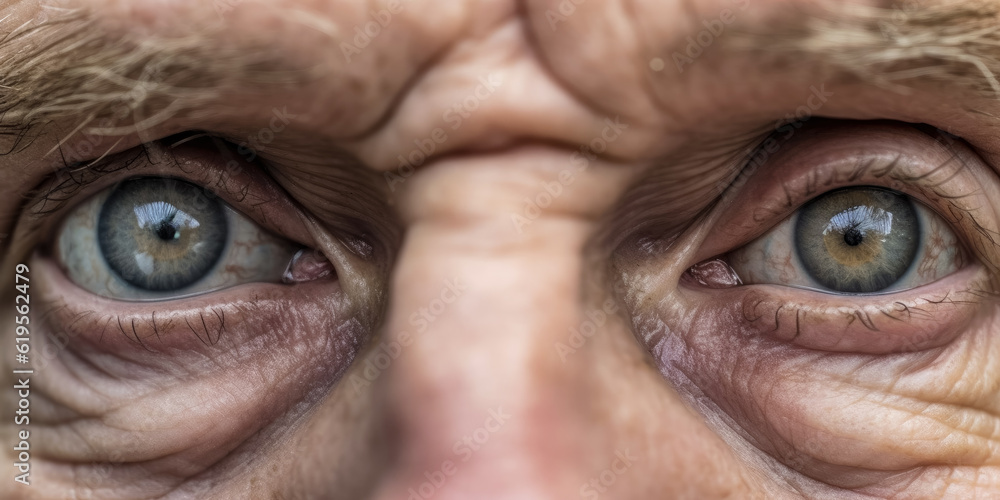 Old senior man eyes, closeup detail to his face, both iris visible, wrinkled skin near. Generative AI - obrazy, fototapety, plakaty 