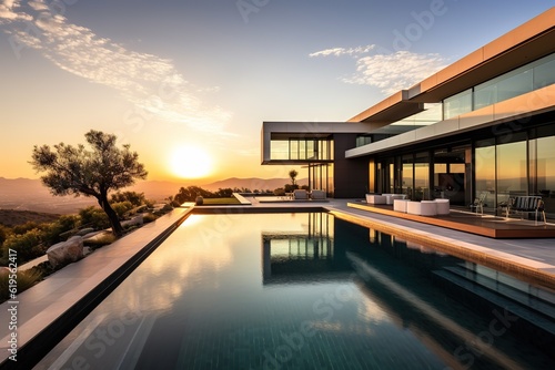 Fotografia, Obraz modern house with a large, clear swimming pool at sunset