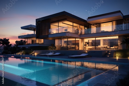 modern house with a large, clear swimming pool at sunset