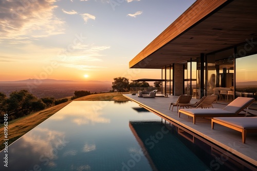 modern house with a large, clear swimming pool at sunrise © id512