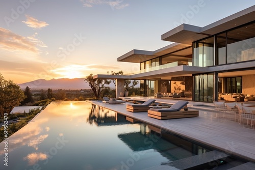 modern house with a large, clear swimming pool at sunset © id512
