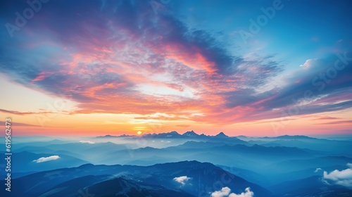 orange sunset in the mountains with blue sky