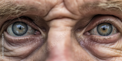 Old senior man eyes, closeup detail to his face, both iris visible, wrinkled skin near. Generative AI photo