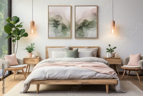 modern bedroom with natural textures and light, poster mockup