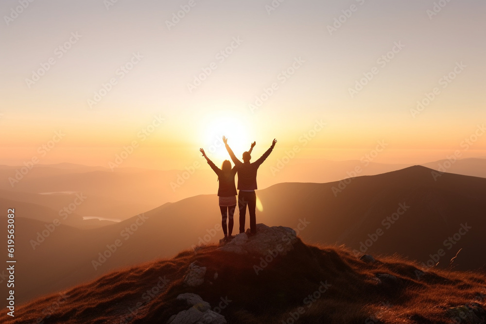 Happy couple on hight mountain peak. Family, travel and adventure concept. Generative ai
