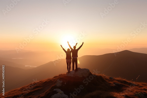 Happy couple on hight mountain peak. Family  travel and adventure concept. Generative ai