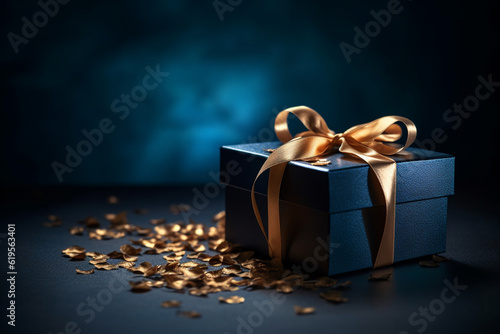 Elegant blue giftbox with golden sating ribbon for Christmas or anniverasary. Generative ai photo