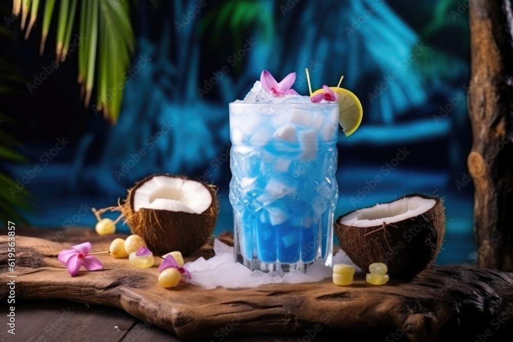 Summer blue cocktail with ice and coconut, Generative AI