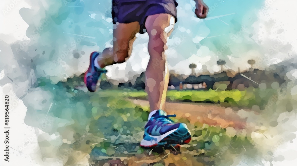 Close up of runner's legs. Marathon runner. People activity. Design for sport. Generative AI. Illustration for brochure, cover, poster, presentation or banner.