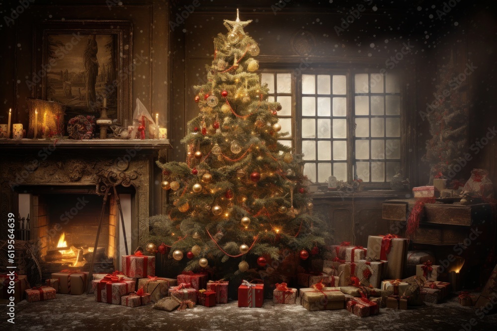  Christmas tree adorned with ornaments and surrounded by carefully placed gifts, creating a heartwarming and festive scene that captures the magic and anticipation of the holiday season. Generative AI