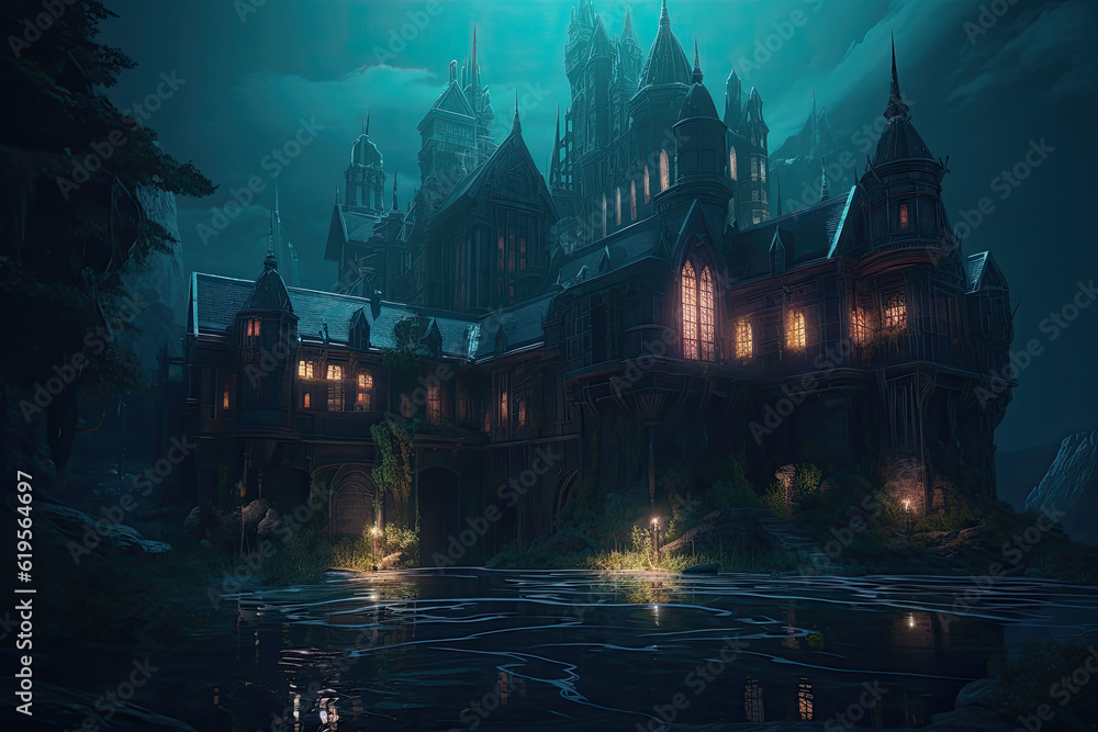 Mysterious castle at rainy night. An imposing medieval castle in fantasy landscapes. Generative AI