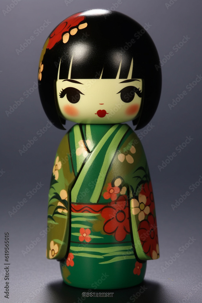 Generative ai. Japanese kokeshi doll with short hair and kimono Generative ai. Japanese kokeshi doll with short hair and kimono
