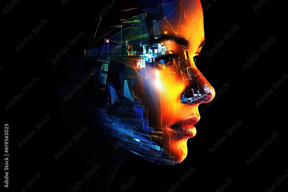 Concept of artificial intelligence. Human face. Background in technology and science style. Generative AI. Digital illustration for for banner, flyer, poster, cover, brochure or presentation.