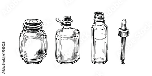 Glass bottles with pipette for cosmetics, oils, serum. The illustration is graphic hand-drawn. Eps vector, isolated objects on white background
