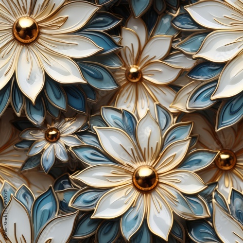 Seamless pattern with enameled Daisy flowers with silver and gold. Made with Generative AI.