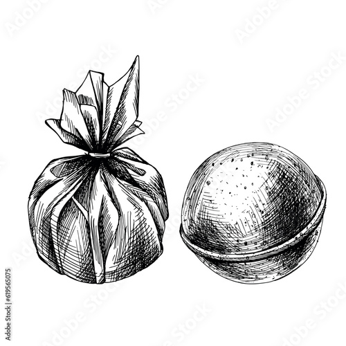 Round bath bombs wrapped in a package. EPS hand drawn black and white vector graphic illustration. Isolated objects on a white background