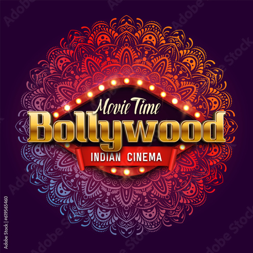 Bollywood indian cinema. Movie banner or poster with ornament. Vector illustration.