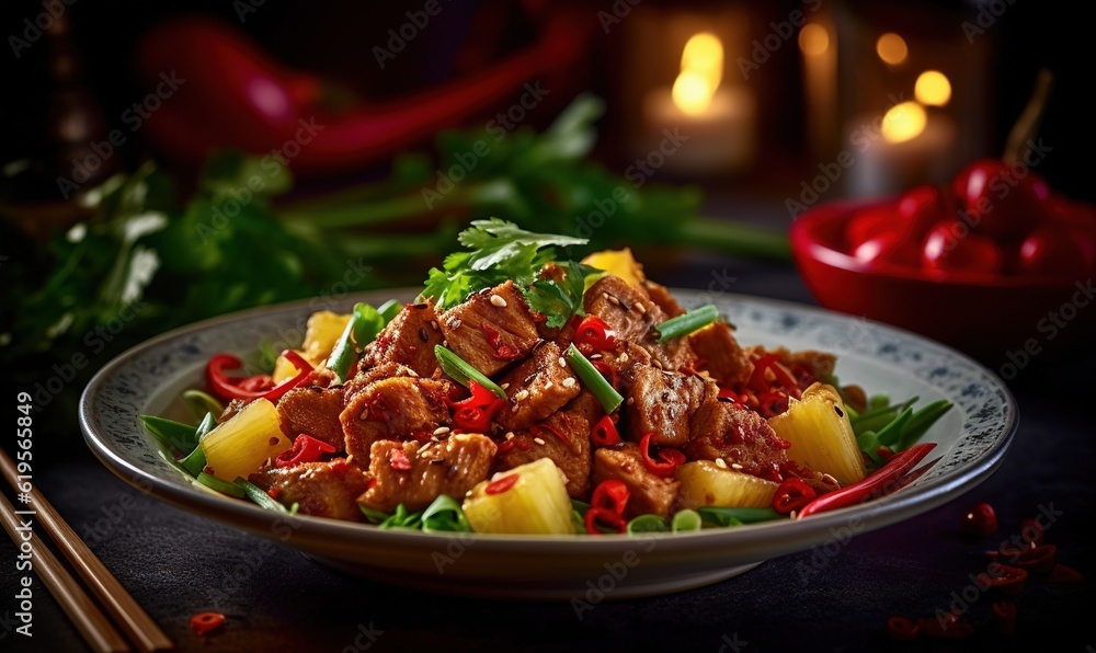a plate of food with meat and vegetables on a table. generative ai a plate of food with meat and vegetables on a table. generative ai