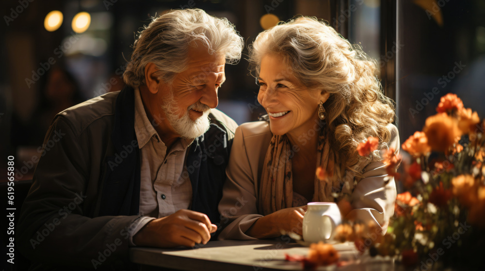 romantic couple cuddling and smiling, senior couple relaxing at restaurant, fictional persons created with generative ai 