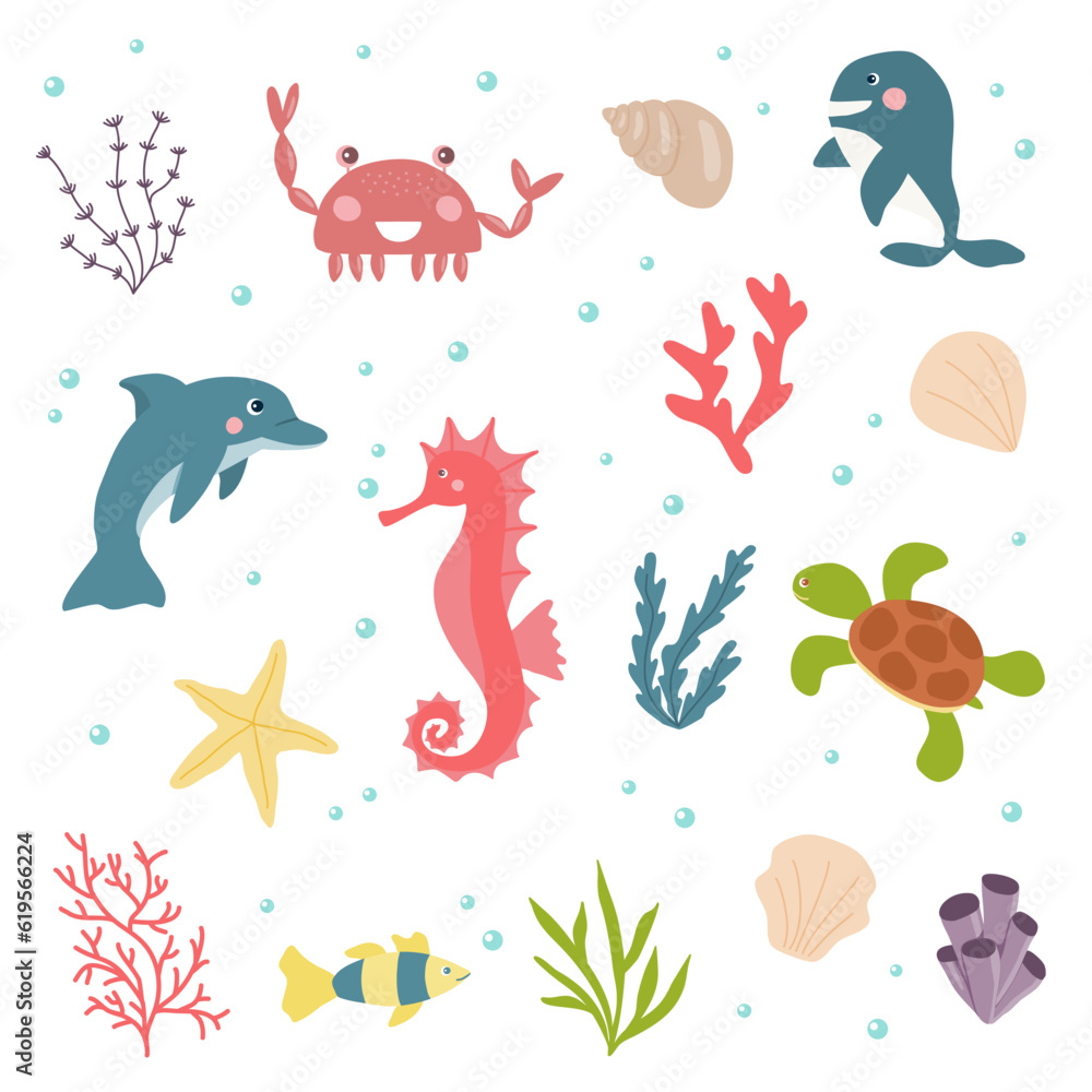 Set of different sea or ocean animals, seashells and seaweeds, vector for kids