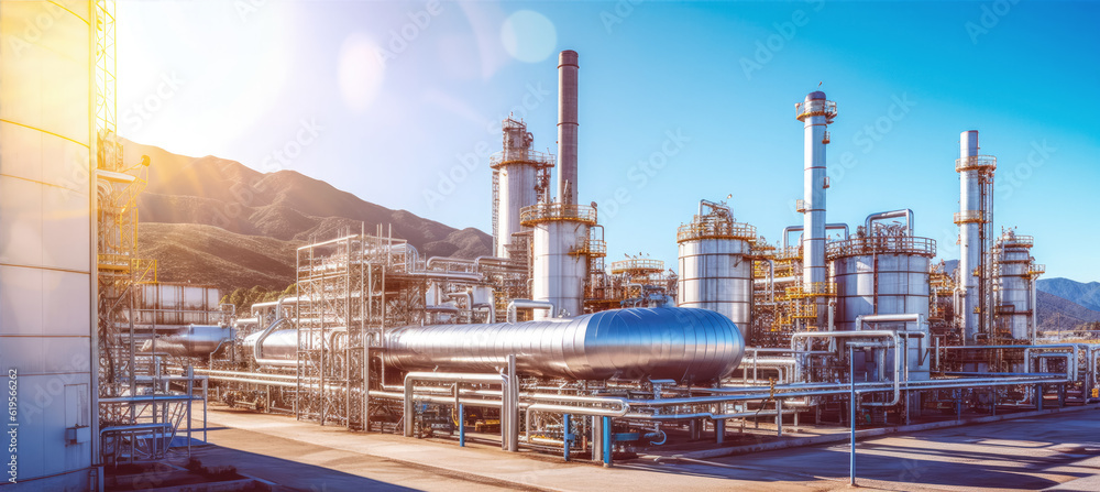 Hydrogen power plant, large steel tanks and pipes, wide angle photo, sunny day. Clean H2 energy concept as imagined by Generative AI Hydrogen power plant, large steel tanks and pipes, wide angle photo, sunny day. Clean H2 energy concept as imagined by Generative AI