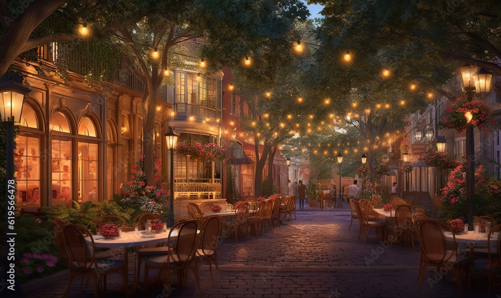  a painting of a street with tables and chairs and lights strung from the trees.  generative ai
