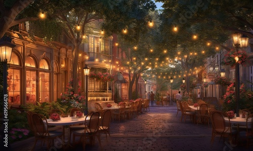  a painting of a street with tables and chairs and lights strung from the trees.  generative ai © Anna