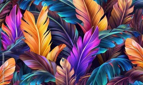  a bunch of colorful feathers that are on a black background.  generative ai