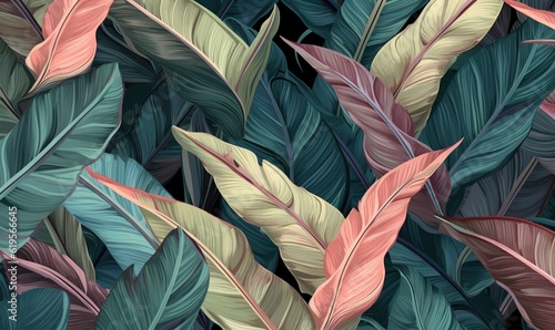  a bunch of green and pink leaves on a black background. generative ai