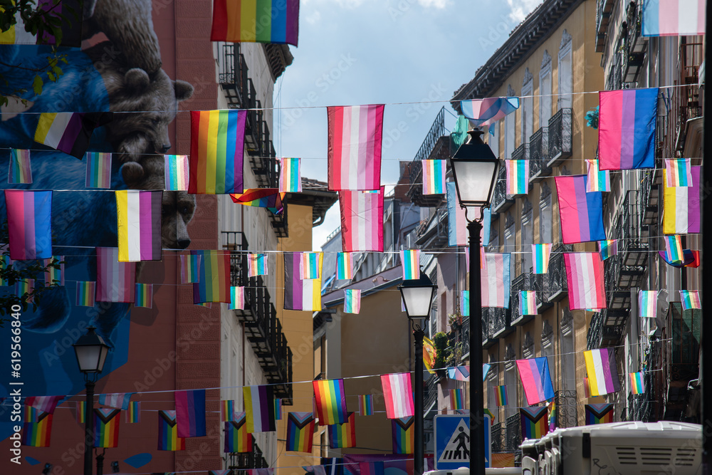 Multiple multicolored pride day flags. For equality, love, tolerance,...