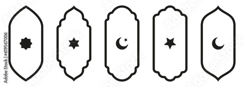 Shape Islamic door and window silhouette Arabic arch with symbols . Collection of patterns in oriental style. Frames in Arabic Muslim for Ramadan Kareem. Vector mosque gate stroke isolated on white.