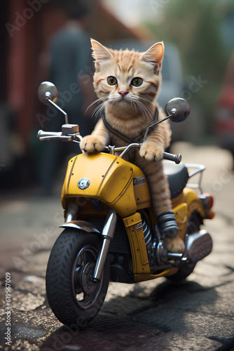 Leinwand Poster Biker cat riding on a motorcycle. Generative AI