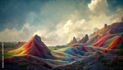 Abstract colorful illustration of mountains Zhangye Danxia Geopark, China with beautiful clouds background. AI-generated © jockermax3d