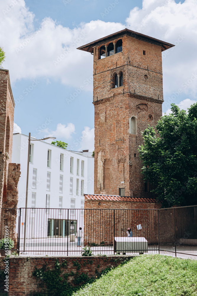 Milan, Italy- May 13, 2023:Torre dei Gorani is an 11th century tower left over from the ruined Palazzo Gorani. The building stood on the street of the same name and was completely destroyed by bombing
