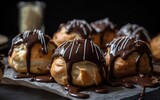 Cream puffs with chocolate. Generative AI