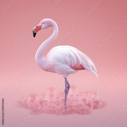 A beautiful flamingo is standing in water. Pink  background