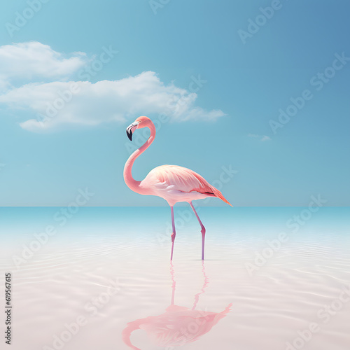 A beautiful pink flamingo is standing in the sea. Reflection in water. Blue sky background